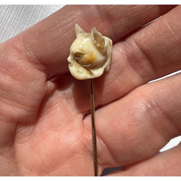 Antique Hand-Carved French Bulldog Head Hat Lapel Stick Pin Exquisite - Picture 5 of 10